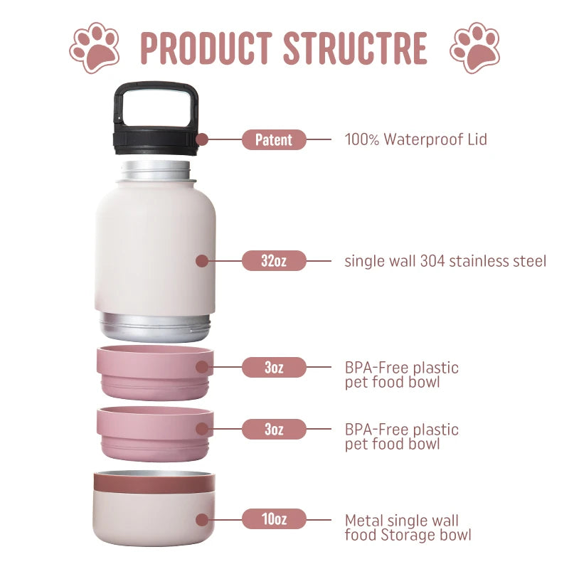 For Eco-Friendly 32oz Stainless Steel Insulated 3-in-1 Outdoor Travel Pet Feeder Dog Walking Water Bottles
