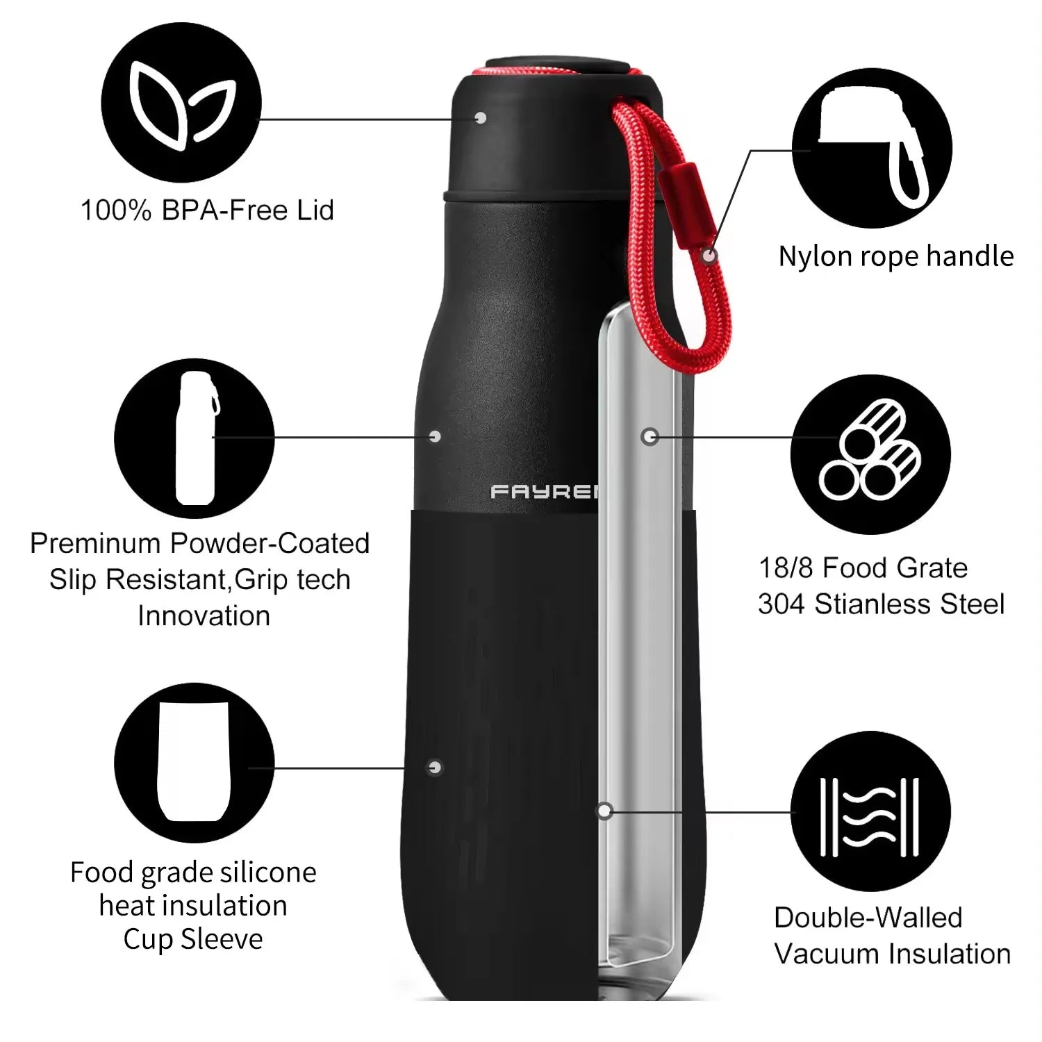 FAYREN Top Sales Durable 500ml High Quality Double Wall Water Bottles Stainless Steel Insulated with Nylon Rope