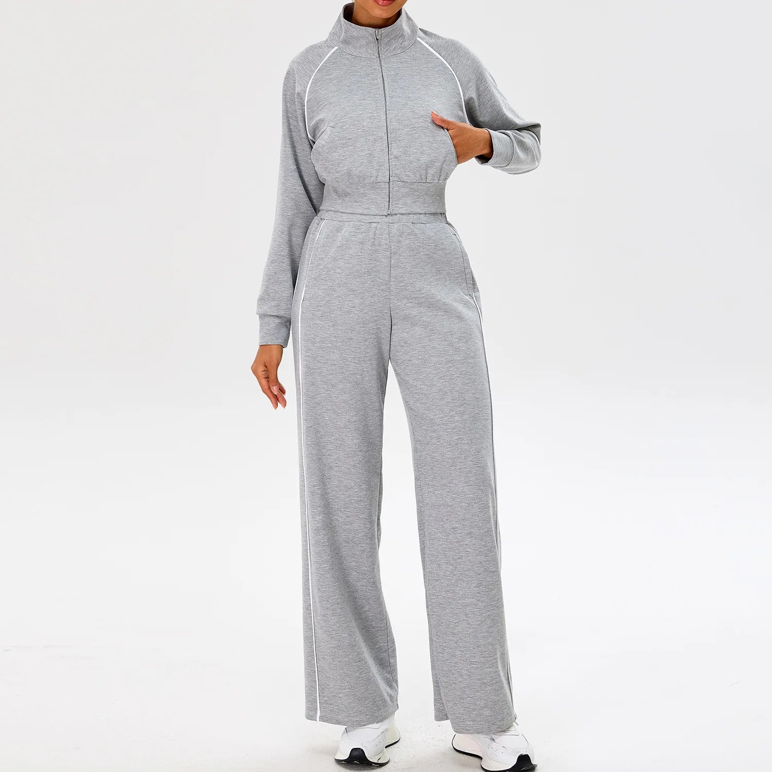 YIYI Spring High Neck Outdoor Workout Whole Zipper Jackets Sets With Pockets High Waist Sweatpants and Hoodie Set Women