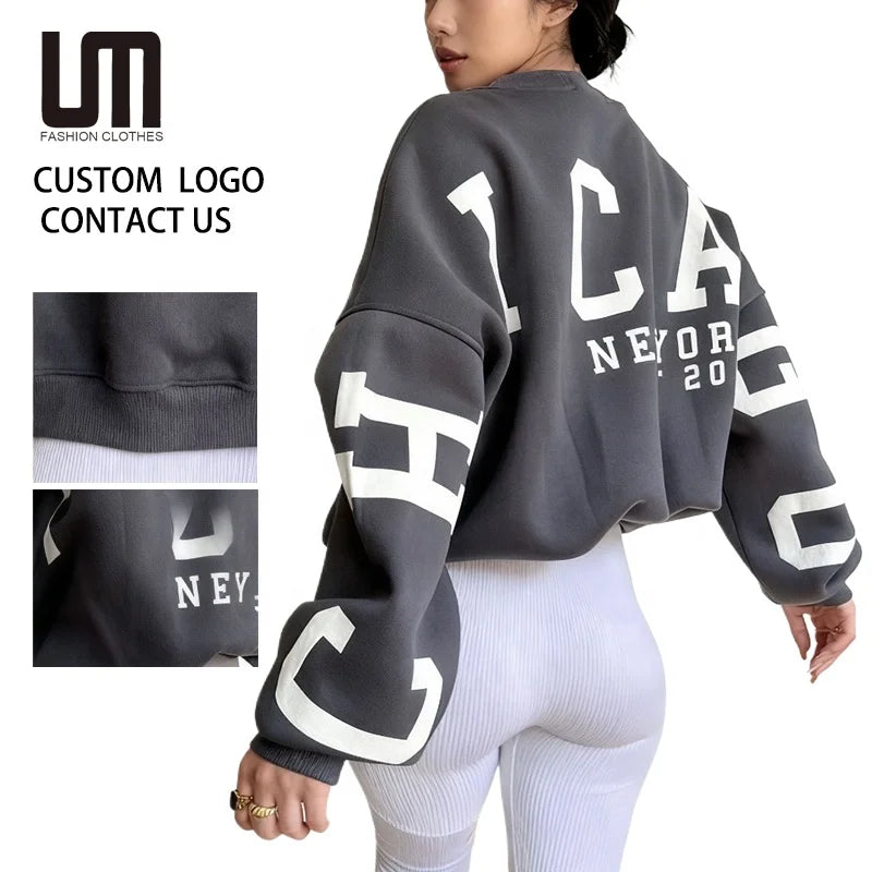 OEM Customized Logo Wholesale Fall Women Clothing Casual Long Sleeve Letter Printed Basic Pullover Sweatshirts