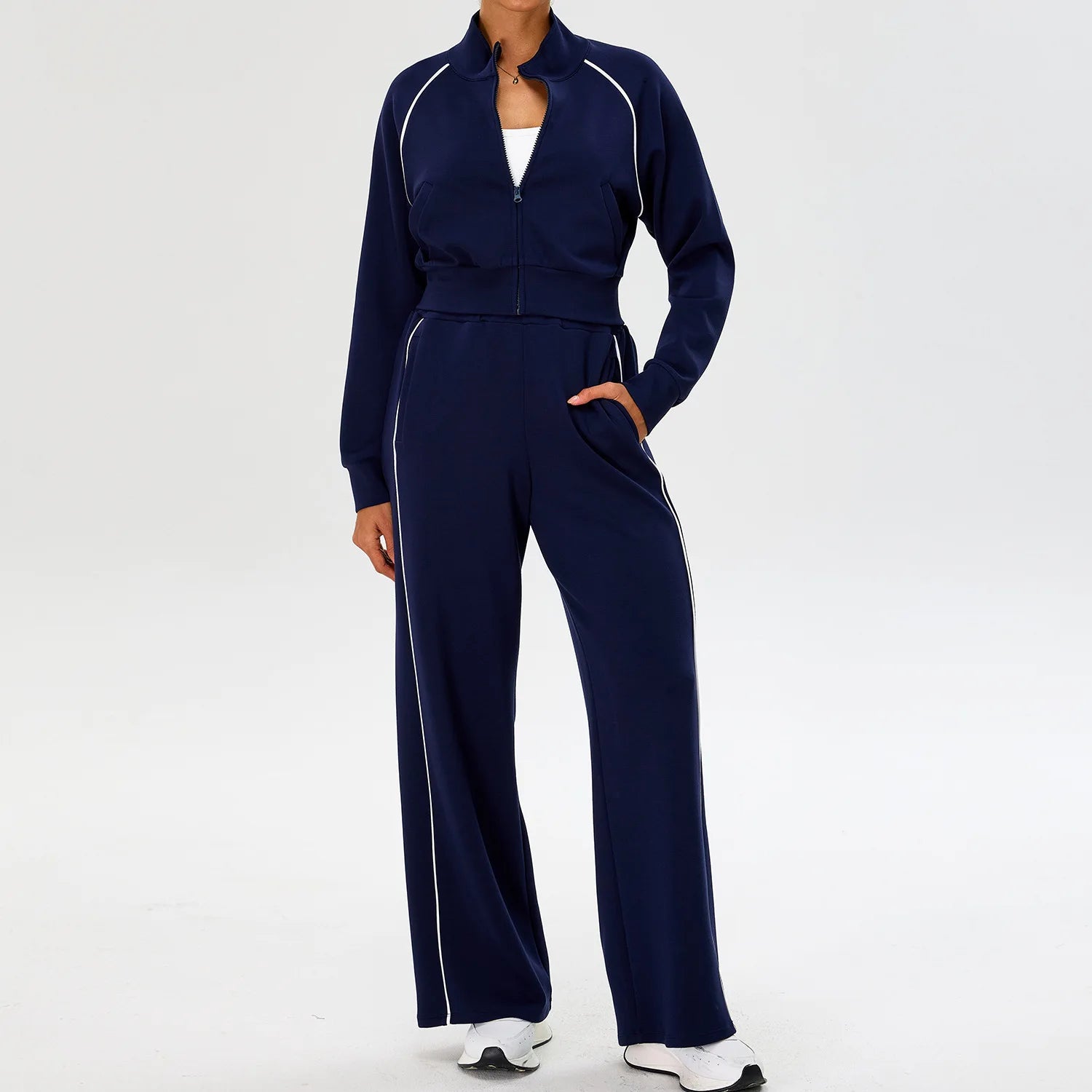 YIYI Spring High Neck Outdoor Workout Whole Zipper Jackets Sets With Pockets High Waist Sweatpants and Hoodie Set Women