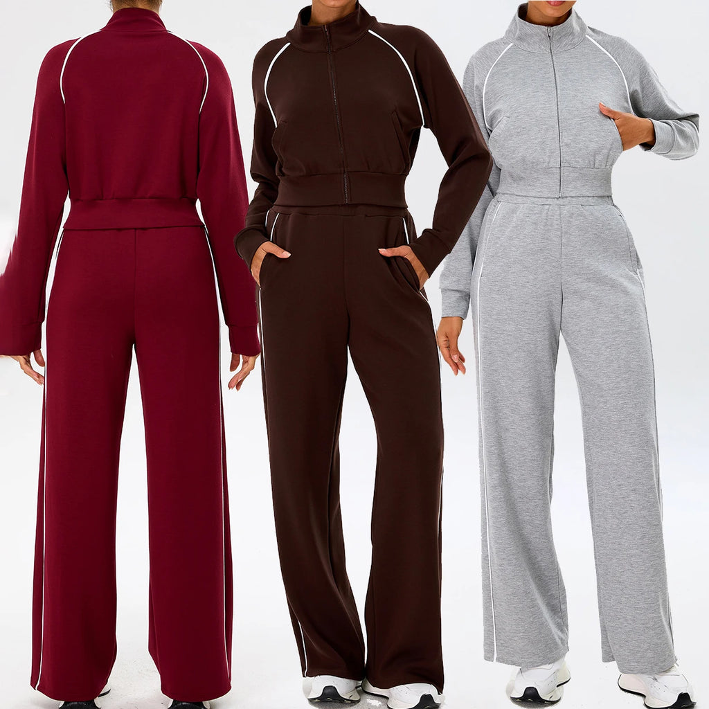 YIYI Spring High Neck Outdoor Workout Whole Zipper Jackets Sets With Pockets High Waist Sweatpants and Hoodie Set Women