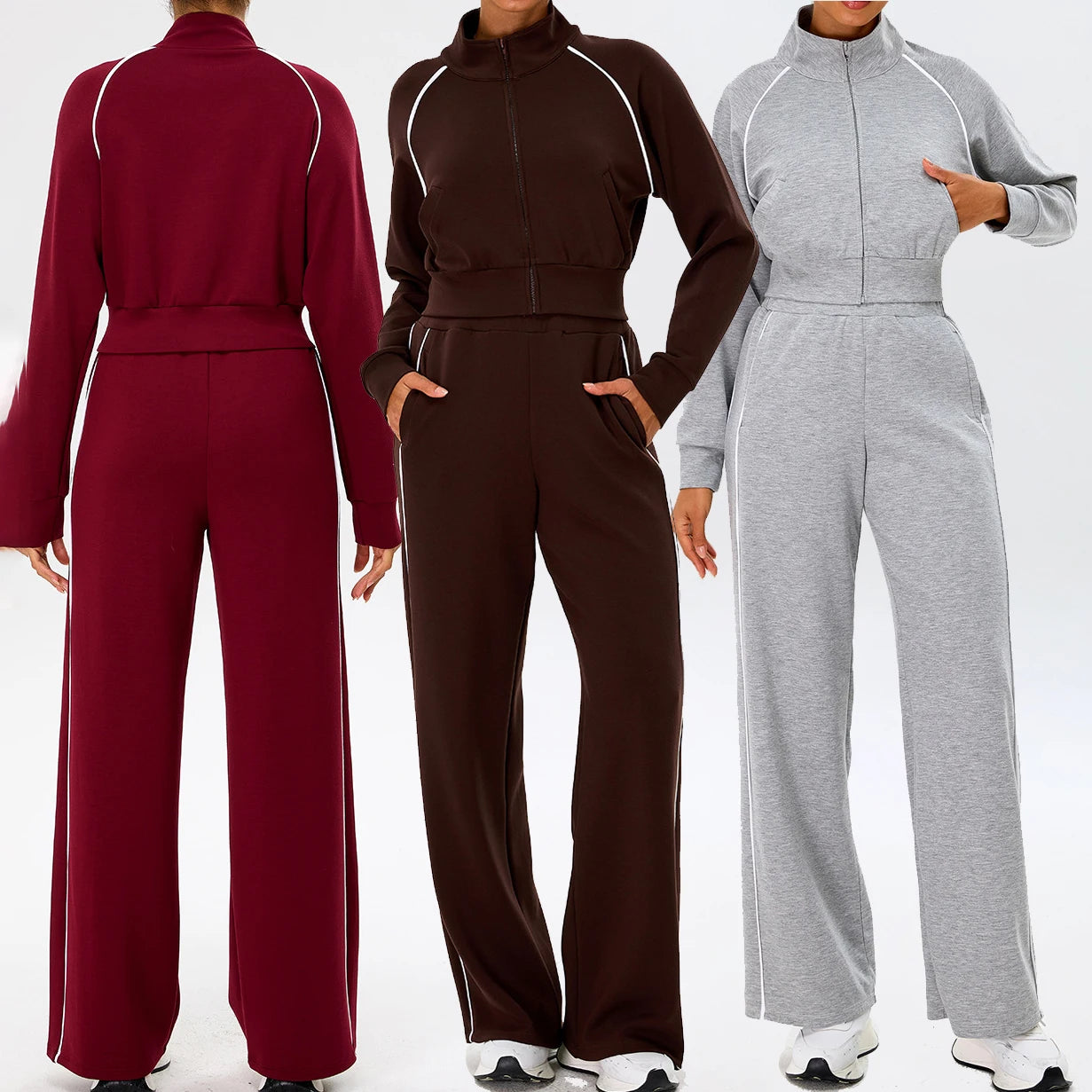 YIYI Spring High Neck Outdoor Workout Whole Zipper Jackets Sets With Pockets High Waist Sweatpants and Hoodie Set Women
