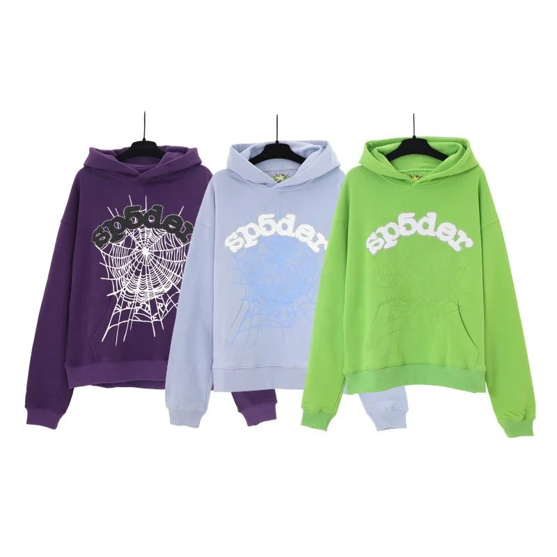 XX High-quality 100% Cotton Fleece Oversized SpiDer Shirt Long Sleeved Crochet Hooded Collar Powder Puff Print Spider Hoodie