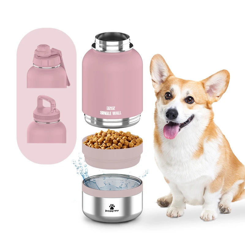 For Eco-Friendly 32oz Stainless Steel Insulated 3-in-1 Outdoor Travel Pet Feeder Dog Walking Water Bottles