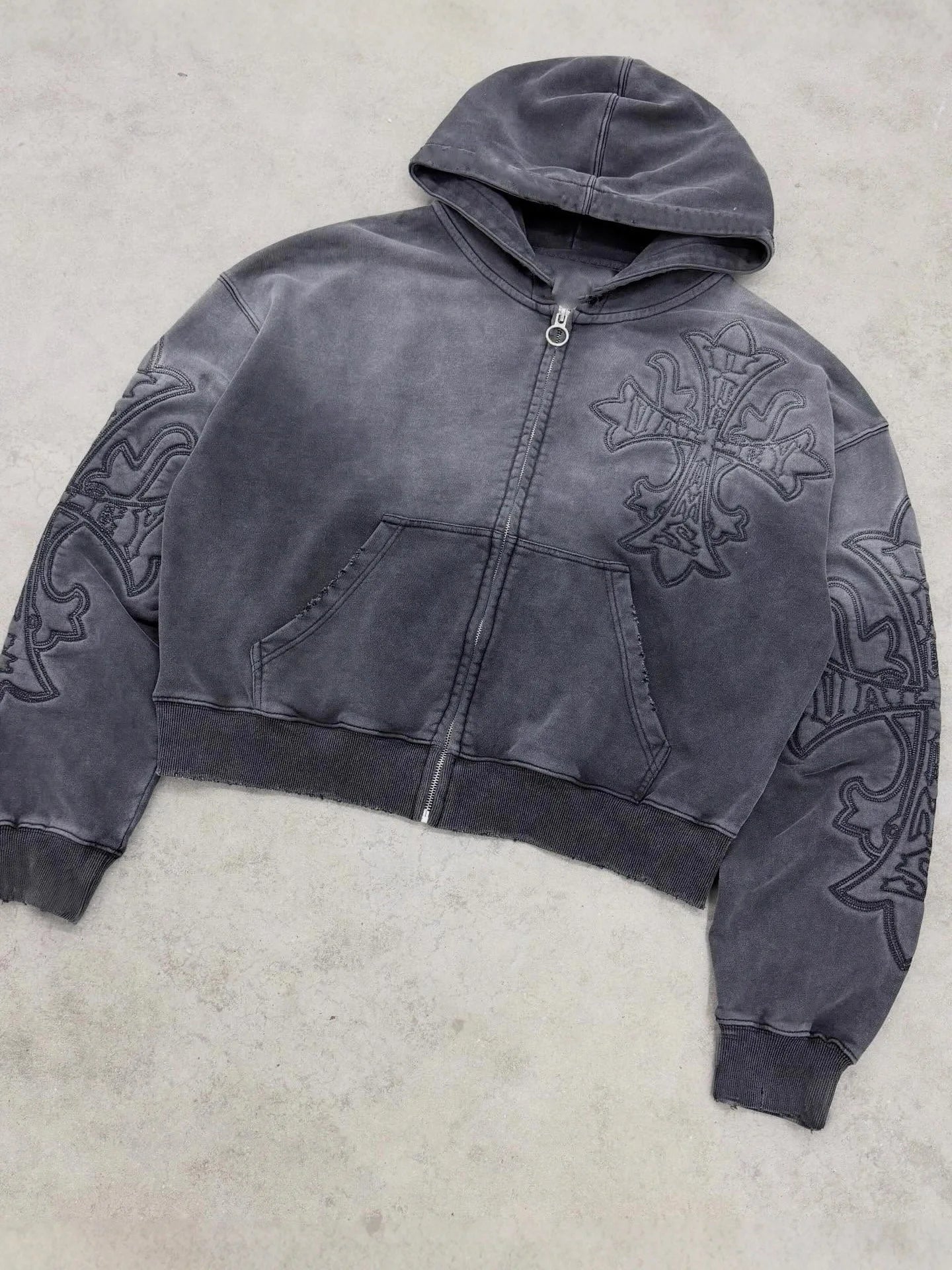 Wholesale Custom Vintage Acid Wash Distressed Opiumcore Clothes Men's Embroidery 100% Cotton Zip-Up Oversized Gothic Hoodie