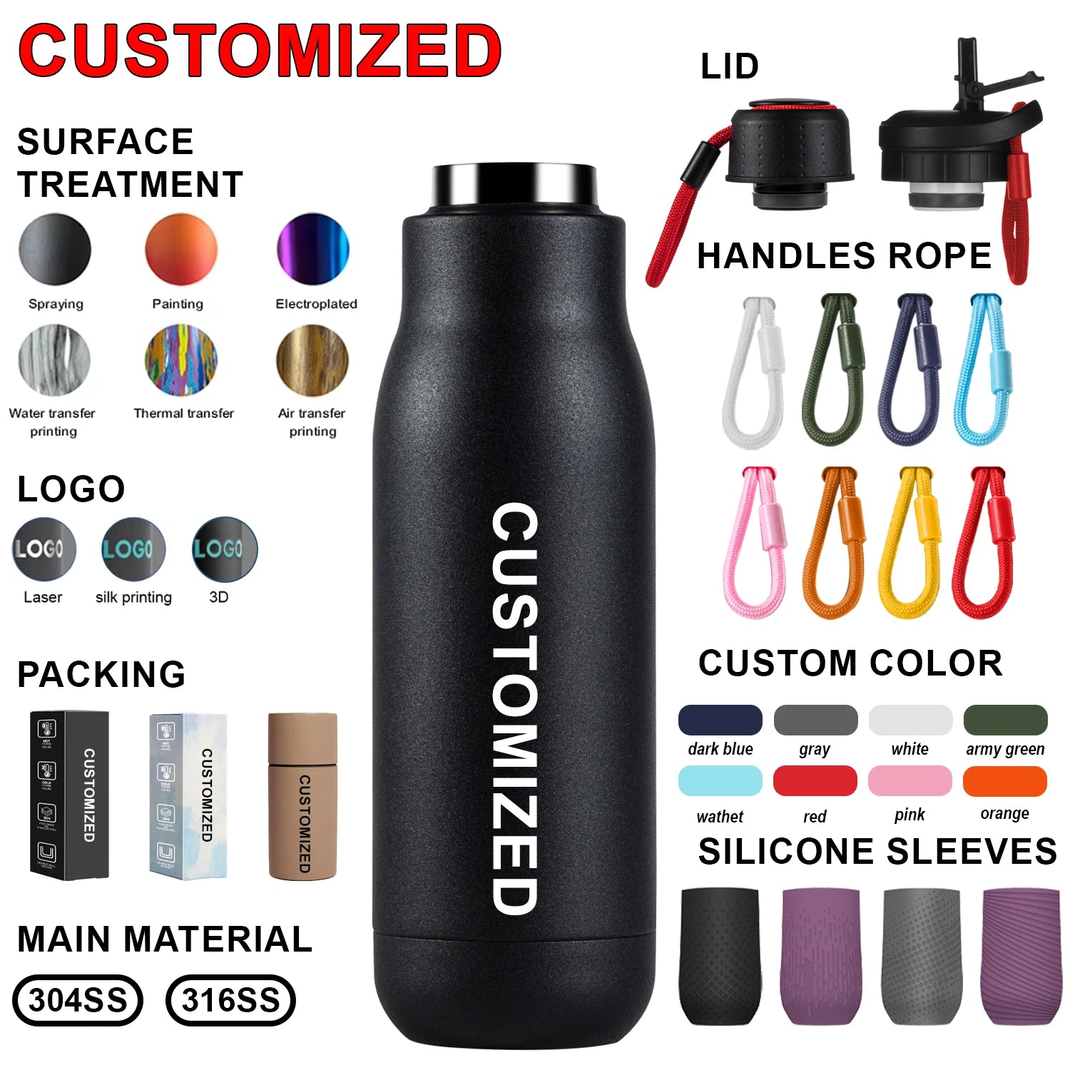 FAYREN Top Sales Durable 500ml High Quality Double Wall Water Bottles Stainless Steel Insulated with Nylon Rope