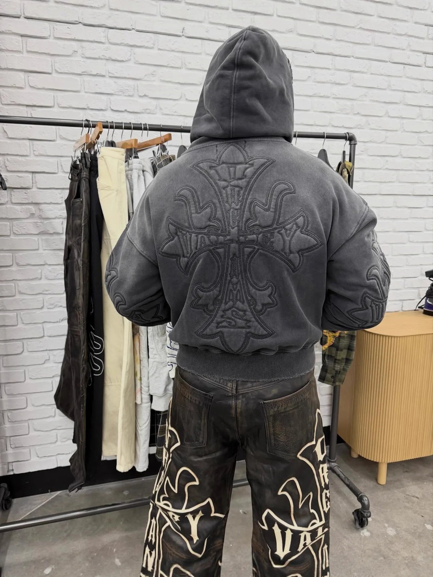 Wholesale Custom Vintage Acid Wash Distressed Opiumcore Clothes Men's Embroidery 100% Cotton Zip-Up Oversized Gothic Hoodie