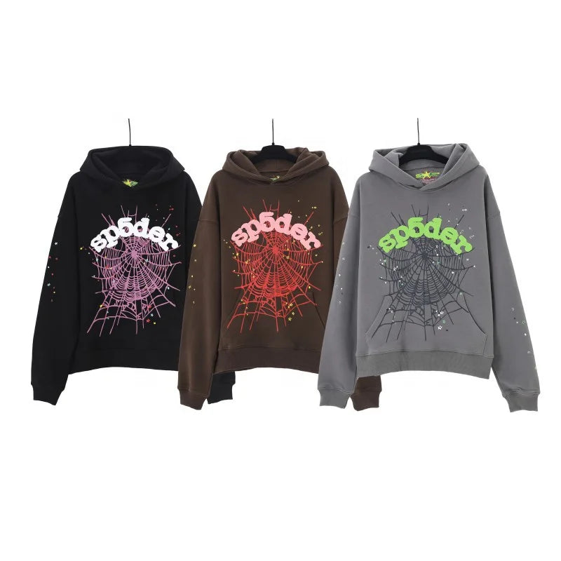XX High-quality 100% Cotton Fleece Oversized SpiDer Shirt Long Sleeved Crochet Hooded Collar Powder Puff Print Spider Hoodie