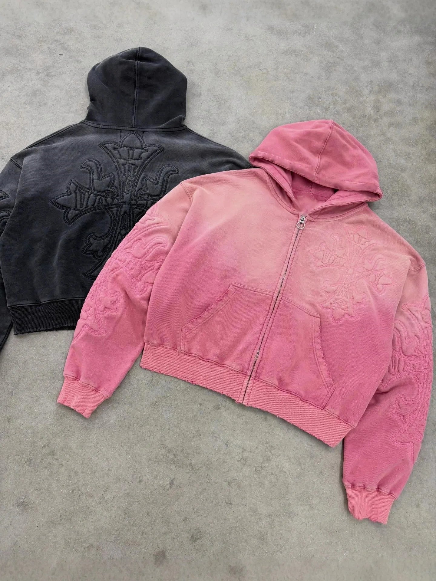 Wholesale Custom Vintage Acid Wash Distressed Opiumcore Clothes Men's Embroidery 100% Cotton Zip-Up Oversized Gothic Hoodie
