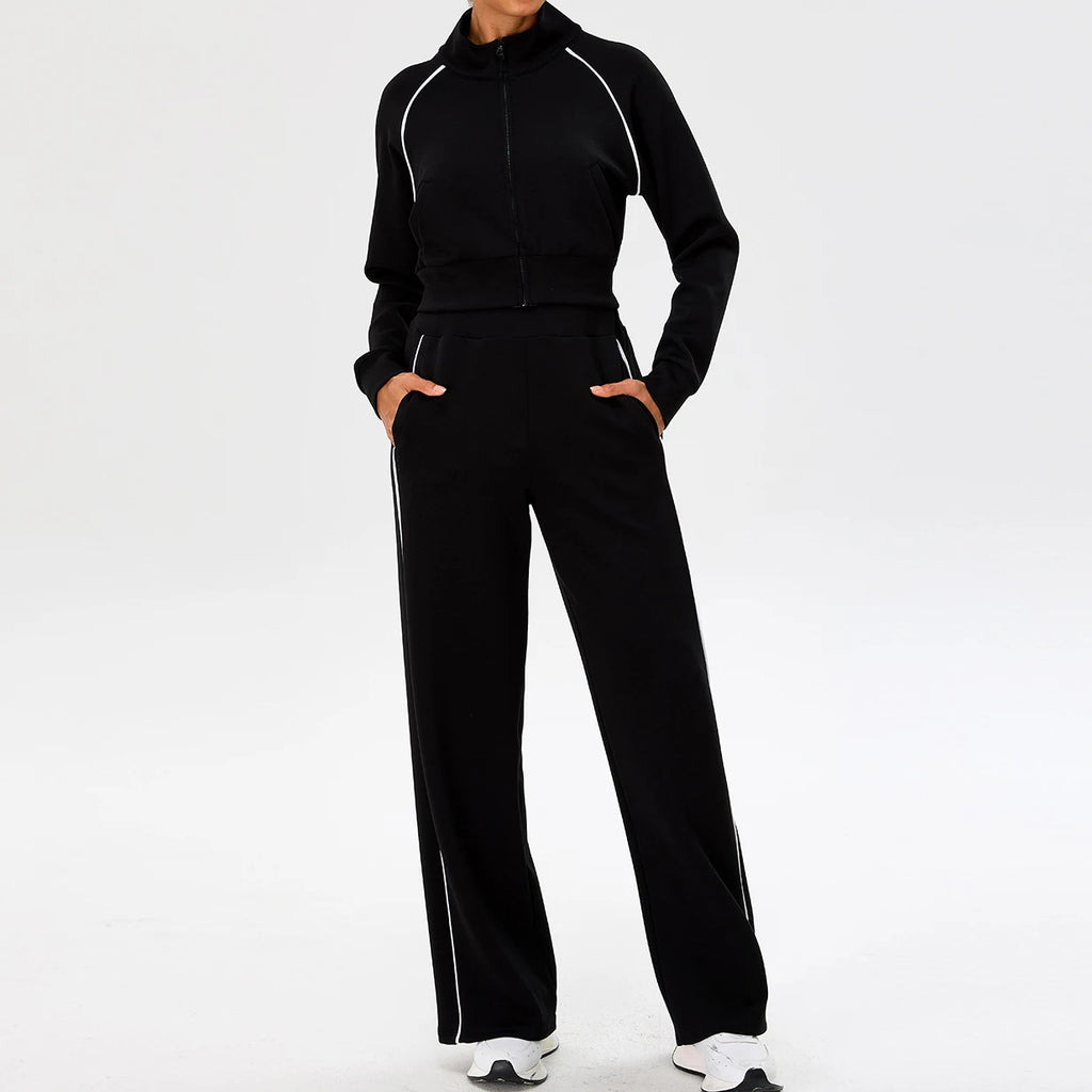 YIYI Spring High Neck Outdoor Workout Whole Zipper Jackets Sets With Pockets High Waist Sweatpants and Hoodie Set Women