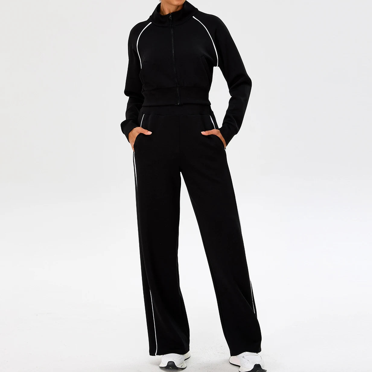 YIYI Spring High Neck Outdoor Workout Whole Zipper Jackets Sets With Pockets High Waist Sweatpants and Hoodie Set Women