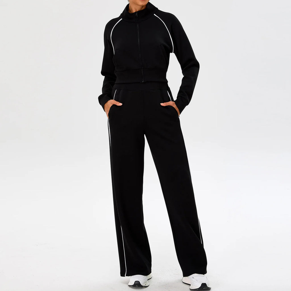 YIYI Spring High Neck Outdoor Workout Whole Zipper Jackets Sets With Pockets High Waist Sweatpants and Hoodie Set Women