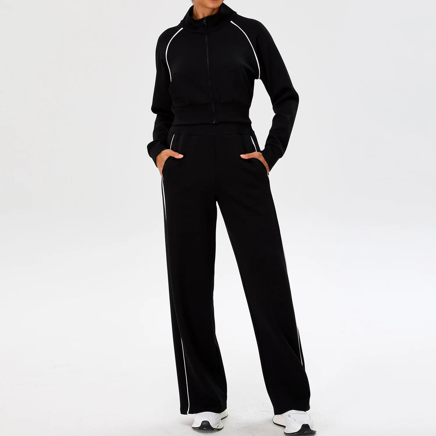 YIYI Spring High Neck Outdoor Workout Whole Zipper Jackets Sets With Pockets High Waist Sweatpants and Hoodie Set Women