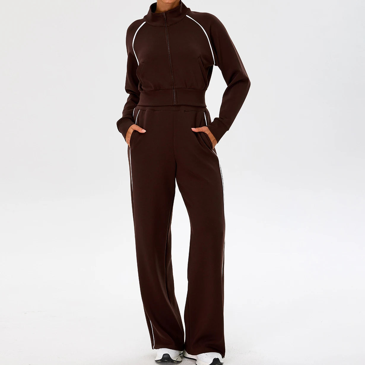 YIYI Spring High Neck Outdoor Workout Whole Zipper Jackets Sets With Pockets High Waist Sweatpants and Hoodie Set Women