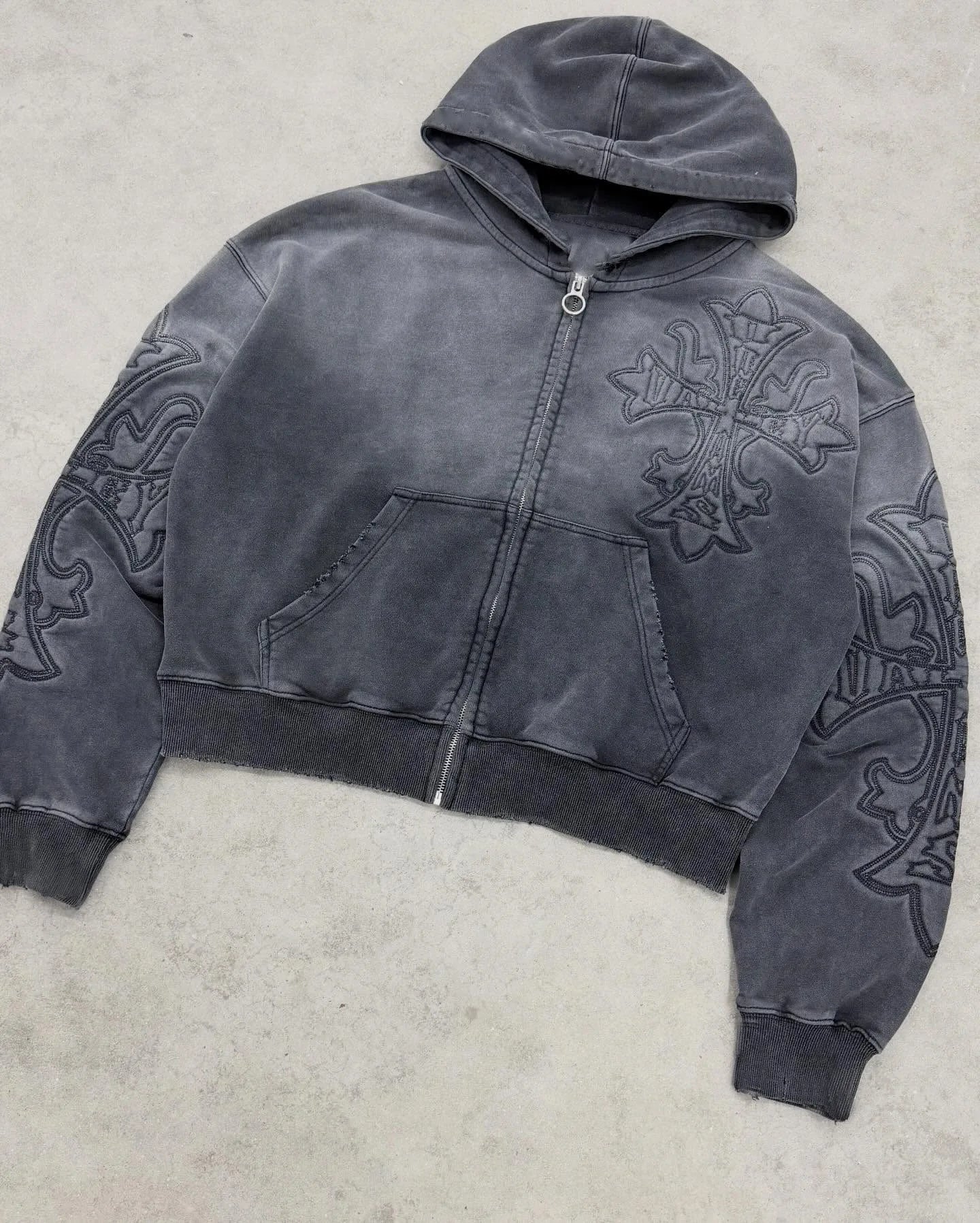 Wholesale Custom Vintage Acid Wash Distressed Opiumcore Clothes Men's Embroidery 100% Cotton Zip-Up Oversized Gothic Hoodie