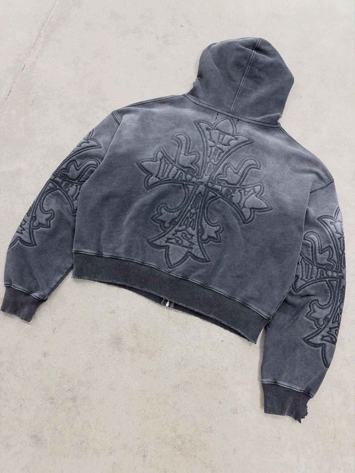 Wholesale Custom Vintage Acid Wash Distressed Opiumcore Clothes Men's Embroidery 100% Cotton Zip-Up Oversized Gothic Hoodie