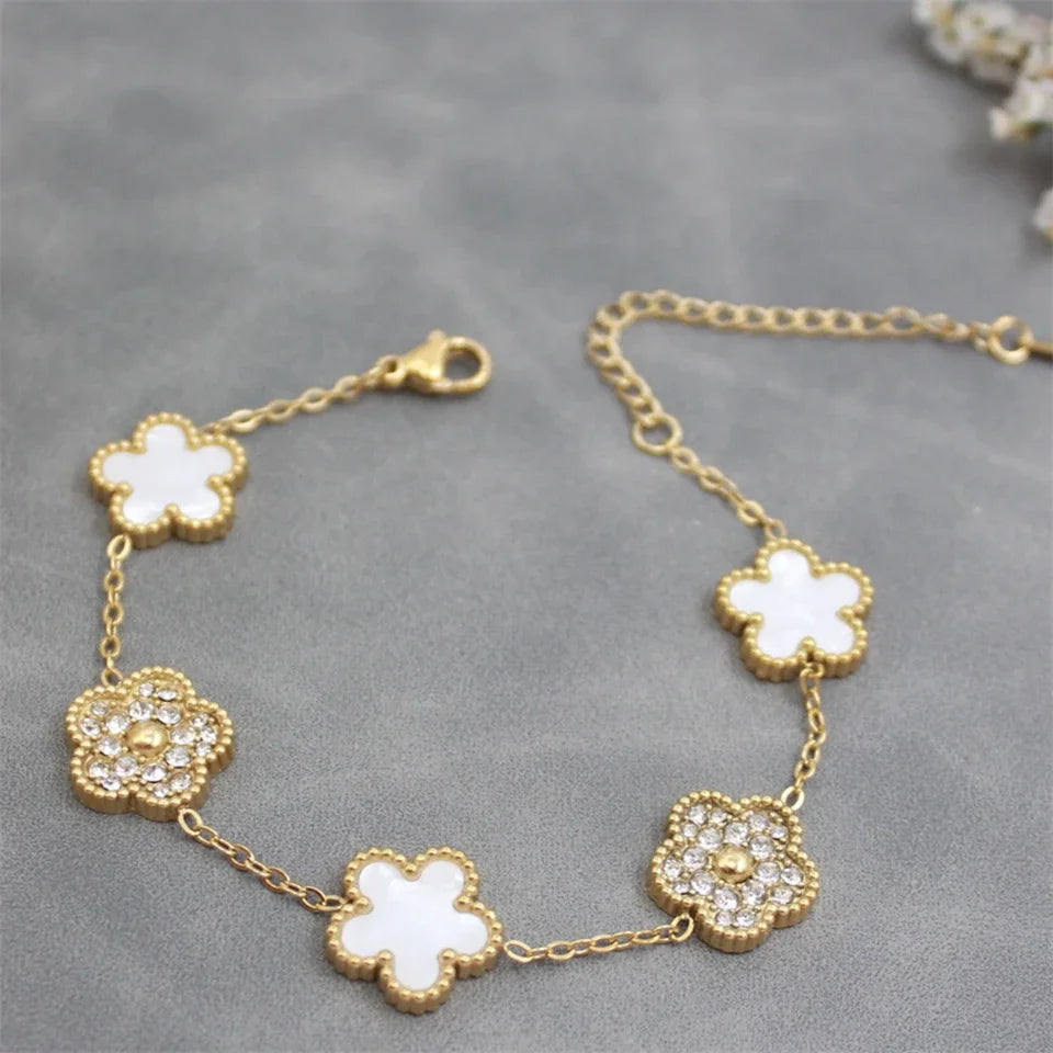 Miniamlist Flower Bracelet Bangle Elegant Gold Color Chain Shiny Rhinestone Floral Bracelet Chic Women's Party Jewelry