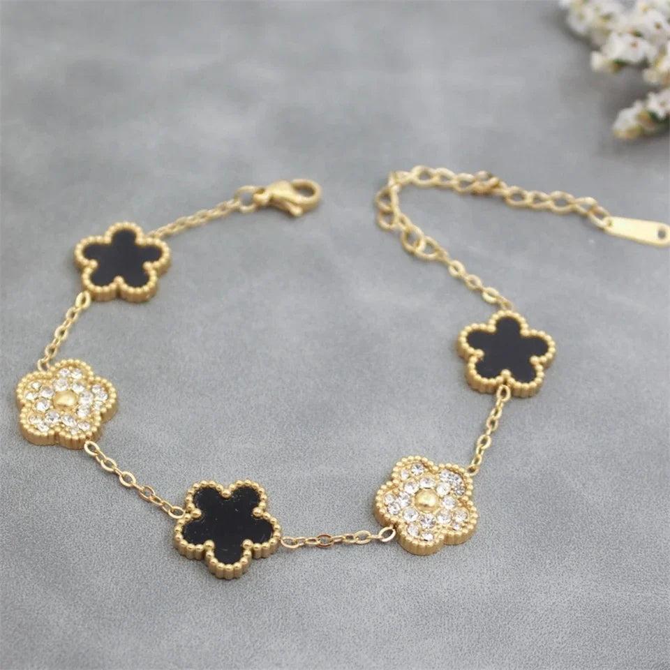 Miniamlist Flower Bracelet Bangle Elegant Gold Color Chain Shiny Rhinestone Floral Bracelet Chic Women's Party Jewelry