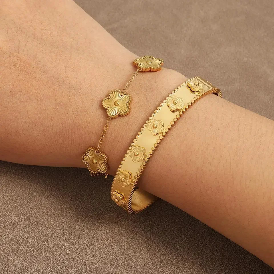 Miniamlist Flower Bracelet Bangle Elegant Gold Color Chain Shiny Rhinestone Floral Bracelet Chic Women's Party Jewelry